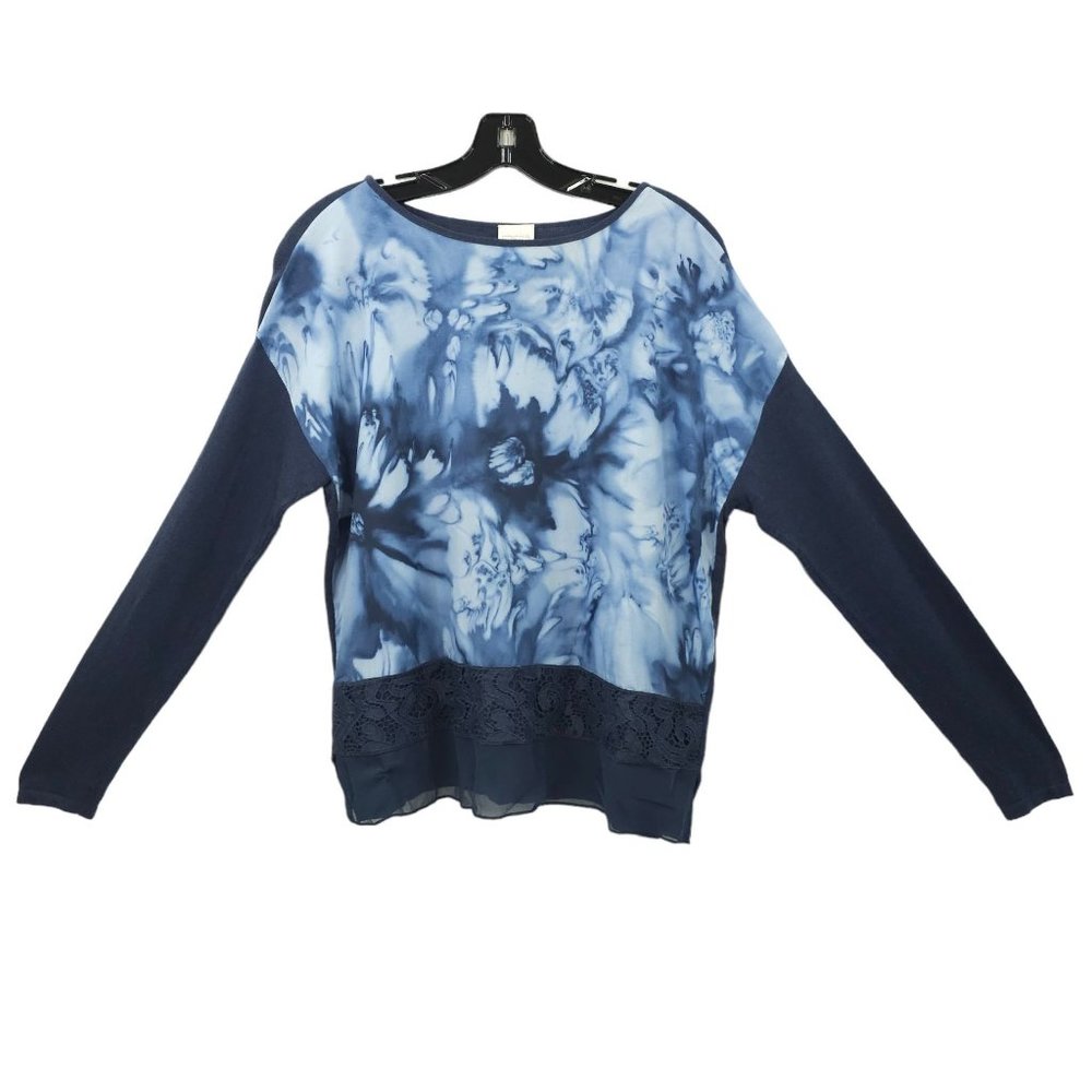 Chicos Hope Pullover Floral Sweater Sz 1 US M/8 Lace Trim Knit Sleeve Back Panel